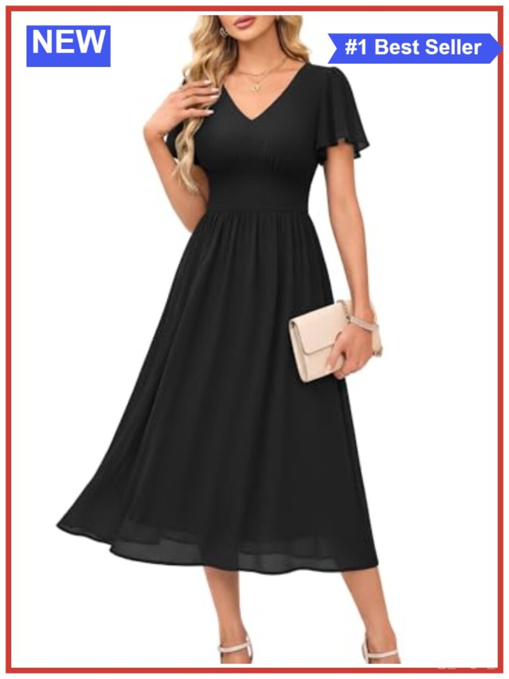 Women's Chiffon Semi Formal Midi Dress Smocked Back A-Line V-Neck